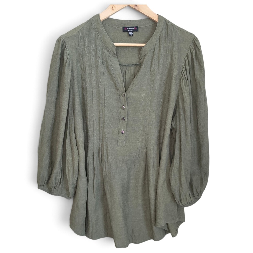 Cocomo Woman Top 1X Plus Green Pintuck Pleated Balloon Sleeve Blouse Boho Tunic